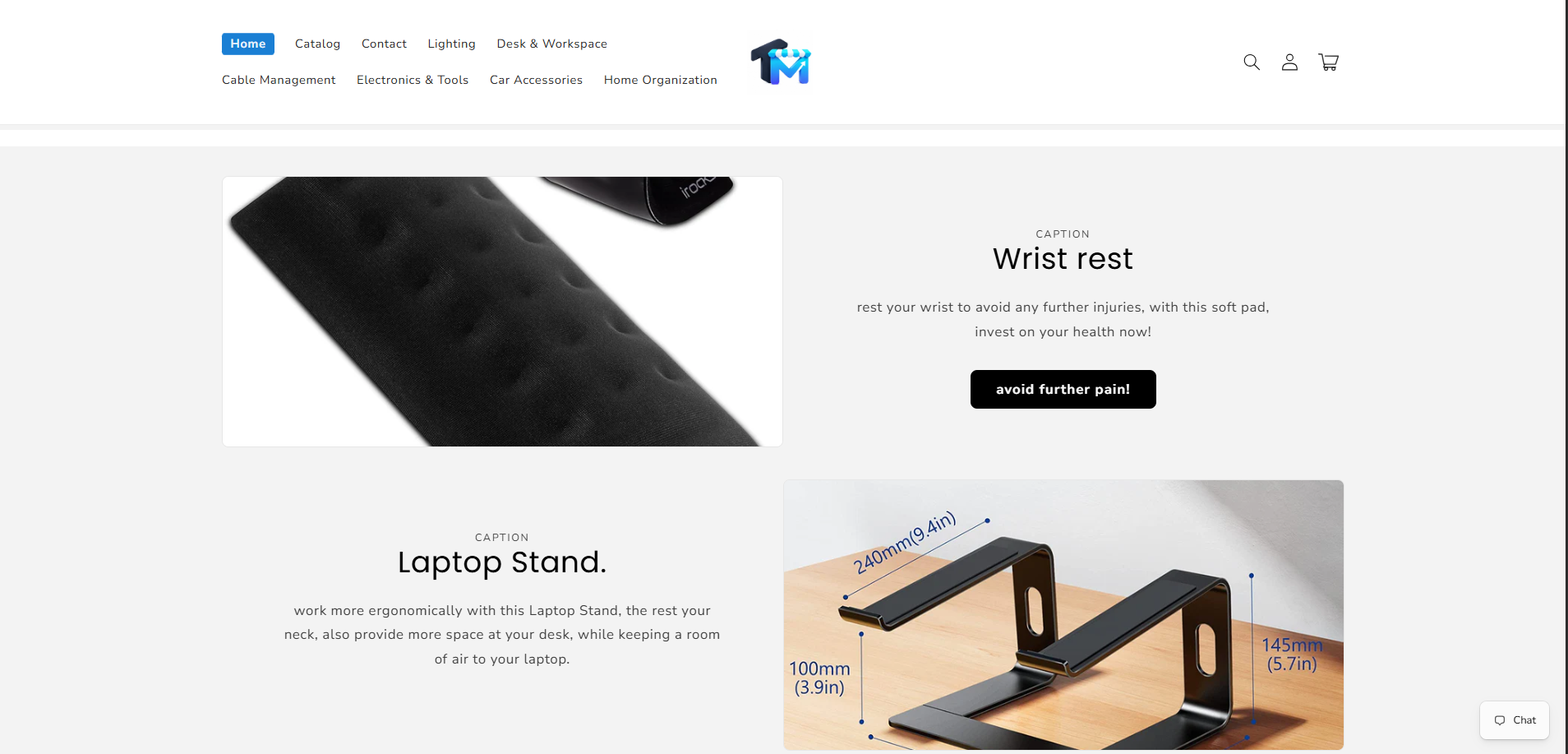 TactiMarket storefront — featuring wrist rests, laptop stands, and workspace accessories